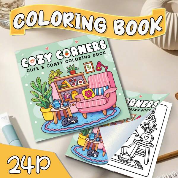 1pc Comfortable Corner Adult & Teen Coloring Book - Pearl Cover - 24 Single-Sided Pages - Cute & Relaxing, With Imaginative Illustrations, Safe High Quality Thick Pages, Perfect Gift For Back-To-School, Birthdays And Holidays, Stress Relieving Coloring | Fun Coloring Book | Durable Coloring Pages