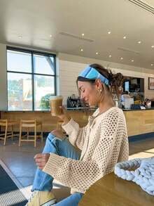 Women's Vacation Hollow Out Button Crochet Knit Top Cardigan With Round Neck Long Sleeves Drop Shoulder, Lightweight Open Front Loose Fit Casual, Spring Summer Fall - 卡其色 - 查看 3