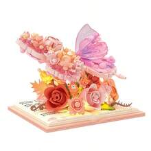Elegant Fashionable Pink Butterfly Series Handmade Assembly Building Blocks Furniture Decor Set, Music Box Blooming Butterfly + Flower Cover, Suitable For Valentine's Day, Mother's Day, Birthday Gifts And Fashionable Lady's Desk Decorations