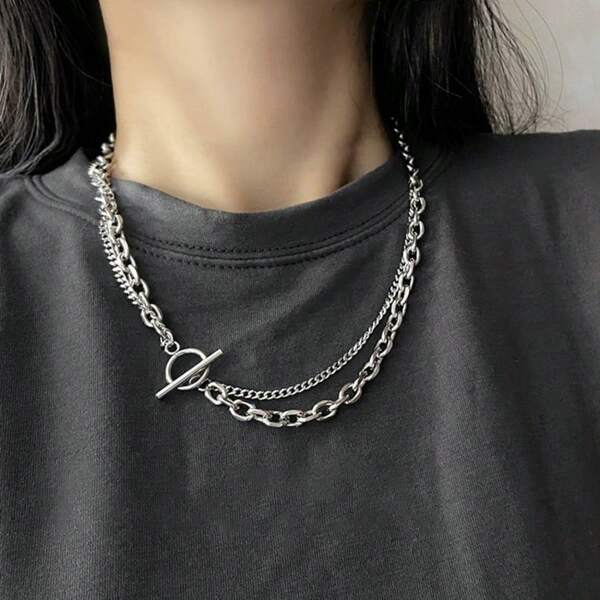 1pc Women Stainless Steel Double Layer OT Clasp Necklace, Minimalist Simple Chain