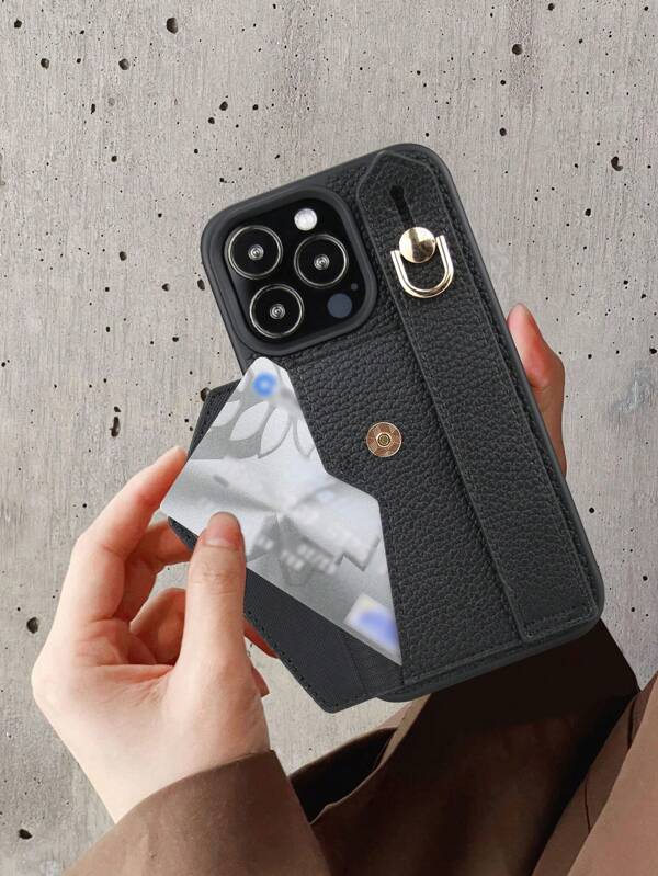1pc Black Leather Card Holder Strap Phone Case Compatible With IPhone 16e/11/12/13/14/15 Pro Max, Galaxy S20 Ultra/ S21 Plus/ S21 Ultra/S22 Plus/S23 S24 S25 Ultra, Pixel 5A 5G/6 Pro /7/7 Pro/8/8 Pro, Xperia 1 V/ 5 V/ 10 V