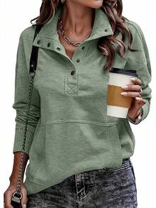 Womens Sweatshirt Casual Long Sleeve Lightweight Sweatshirts Button Loose Pullover Tops - B Xanh - Xem 5