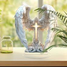 1pc Bohemian Style Acrylic Angel Wing Cross Decoration - 2D Desktop And Window Display Decor, No Electricity Needed, Suitable For Various Room Types, Gift And Sun Catcher, Random Style