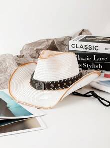 1pc Casual Bull Star Pattern Boho Rivet Bow Straw Sun Hat, Fashionable Versatile Beach Holiday Shade Hat For All Seasons