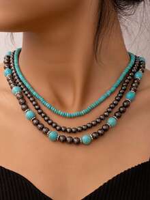 Vintage Beaded Necklace, Retro Western Style Turquoise Necklace Suitable For Women, Handmade Multilayer Beaded Jewelry Set Of 3, Versatile Accessory - Multicolor - View 2