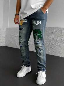 Logeqi® Jeans hombre lavados en azul rasgado con parches - Azul - Ver 3
