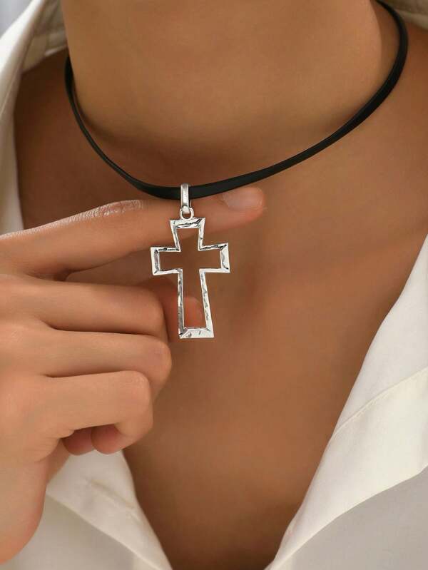1pc Fashionable Cross PU Necklace, Suitable For Daily Wear