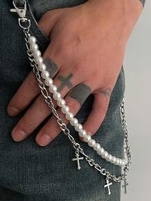 Łańcuch do spodni dżinsowych Pearl Cross, styl vintage punk, uniwersalny, męski łańcuch do ciała, stal nierdzewna, łańcuszek na talię - Srebro - Zobacz 2