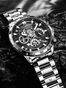 GUANQIN 1 Stück wasserdichte leuchtende Skelett Uhr mit Chronograph Kalender Multifunktions-Zifferblatt, kratzfestes Edelstahlarmband, modischer, luxuriöser, sportlicher, klassischer, einfacher, legerer mechanischer Stil, automatische Quarzuhr, geeignet als Geschenk zum Vatertag, für Studenten, Feste, Dates, Büro, Alltag