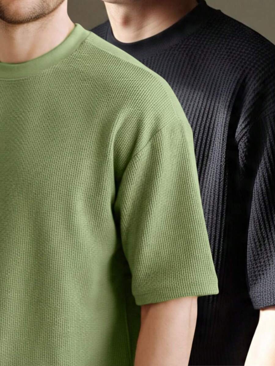 Kit 2 RelaxMax Men's Casual Oversized Textured Mesh Shirt - Black and Olive Green - View 1