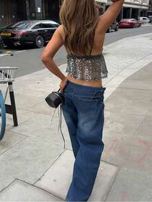 Womens Sleeveless Peplum Cami Top Sequin See Through Lace Hem Spaghetti Strap Babydoll V Neck Ruffle Crop Boho Tank Tops - Black - View 4