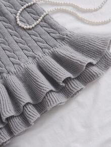 女士可爱复古纯色圆领短袖荷叶边下摆修身针织连衣裙，简约风格，适合夏秋季日常休闲穿着 - 灰色 - 查看 3