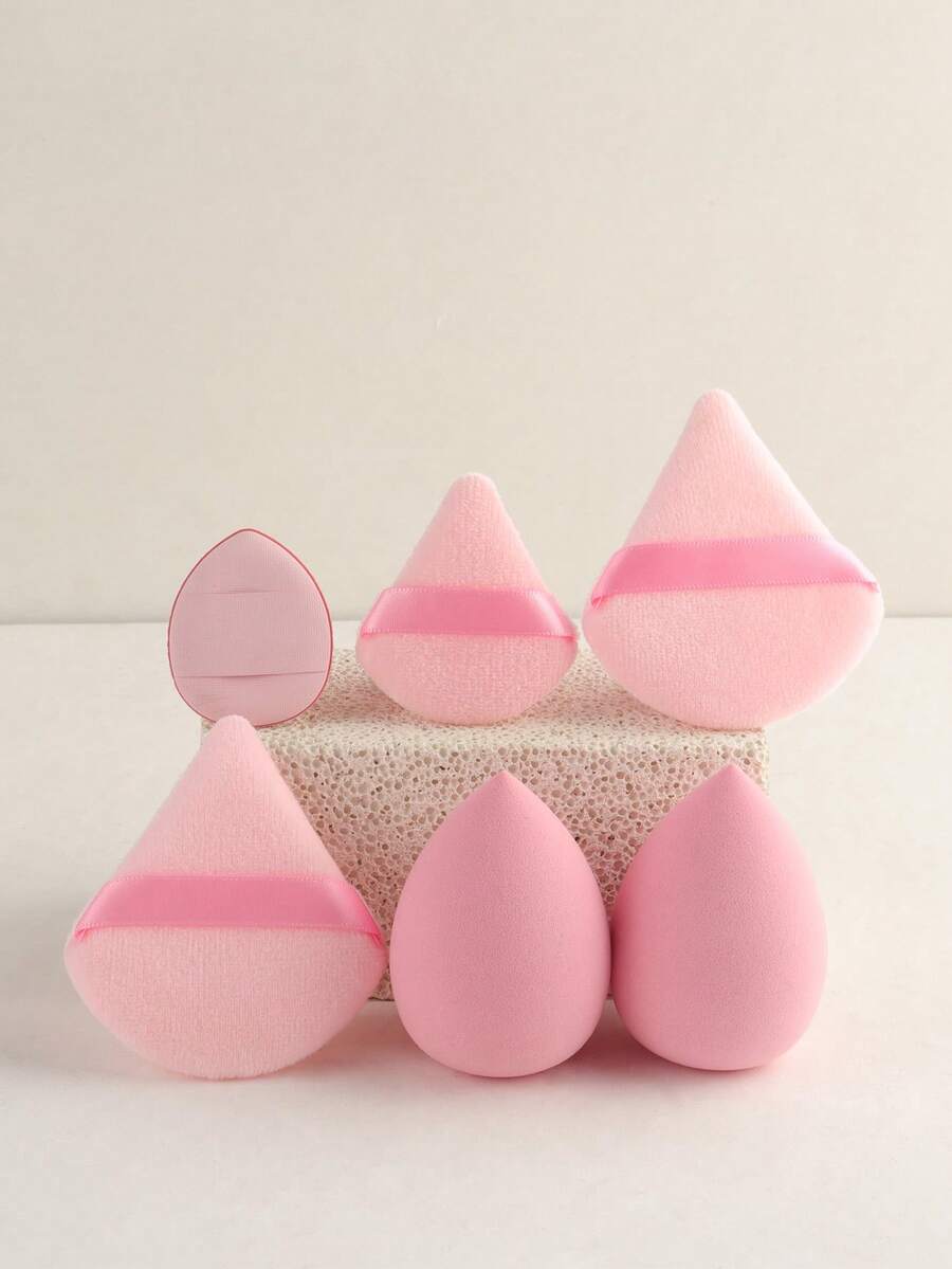 6pcs Makeup Sponge Set, Including 2 Makeup Sponge, 1 Mini Triangle Makeup Sponge, 2 Triangle Powder Puffs, 1 Finger Makeup Sponge, Suitable For Loose Powder And Foundation - Pink - View 1