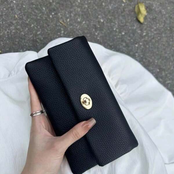 Women's Long PU Leather Wallet With Lock, Simple Solid Color Purse, Fashionable Large Capacity Soft Leather Wallet
