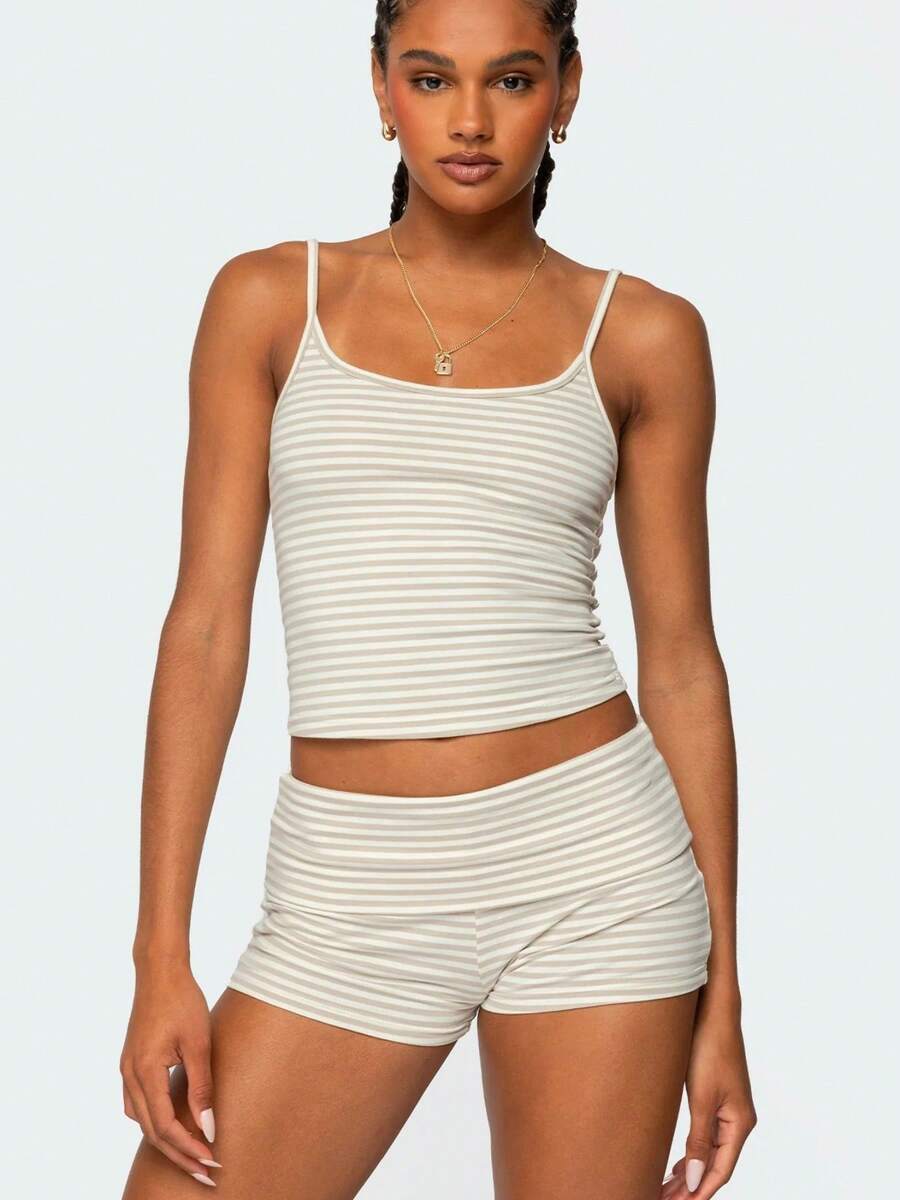 Women 2-Piece Summer Outfits Striped Print Crop Camisole And Folded Waist Shorts For Club Streetwear Fashion Clothes - Yellow - View 1