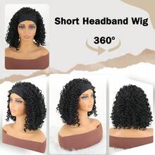 14inch HeadBand Wig Kinky Curly Wig For Women,  Deep Wave Headband Wig Glueless Half Wigs Synthetic Hair Curly Headband Wig(Black) - 黑色 - 查看 2