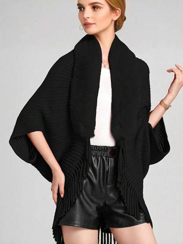 1 Stück Damen Oversized Faux-Pelzkragen Streifenhaft Jacquard Poncho Strickjacke Fledermausärmel Strickpullover, geeignet für Innen- und Außenbereich, modische Strickware für Herbst/Winter