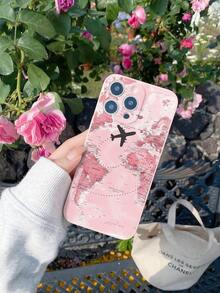 Compatible With Apple 17 16 15 14 13 12 11 Pro Max/Redmi/OPPO/Realme/Infinix Series, Pink Map Travel Pattern Design Pink Straight Edge TPU Phone Case, Anti-Drop, Portable - Pink - View 6