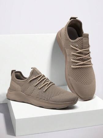 女士简约风格运动路跑鞋舒适步行健身鞋网眼透气运动鞋户外健身鞋系带运动鞋棕色