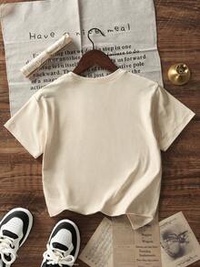 女孩和青少年学生休闲杏色印花圆领短袖 T 恤上衣，夏季