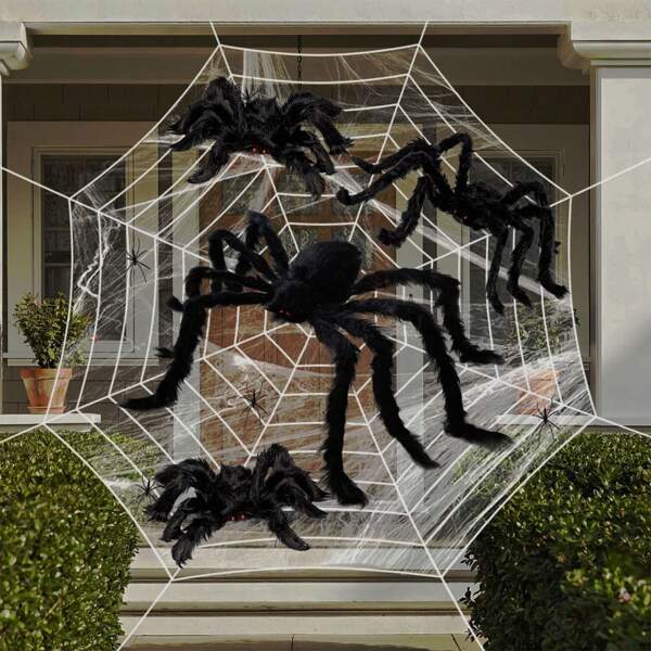 1pc Halloween Decoration Spider Outdoor Horror Prop, Black Floral Colorful Plush Realistic For Bar Haunted House