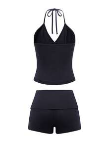 GAOVOT Women's Two Pieces Sexy Young Hot Sports Casual Running Exercise V-Neck Neck Top And Tight Shorts Suit - Màu xanh hải quân - Xem 10