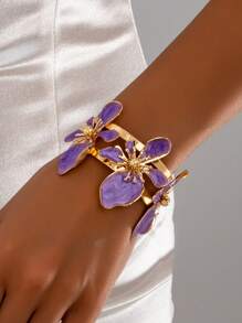 1 pieza Brazalete abierto con floral esmaltado, minimalista y elegante para mujer, versátil para usar a diario