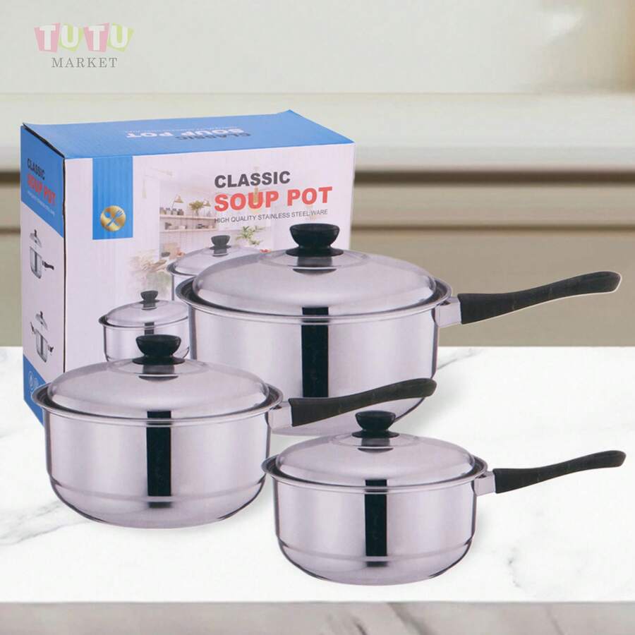 Juego de ollas de acero inoxidable de 3 piezas, olla sopera de un solo mango de 18-22 cm, olla sopera con tapa, juego de ollas, olla sopera, juego de ollas de 3 piezas, juego de ollas de acero inoxidable de 3 piezas, juego de ollas de acero inoxidable, juego de cocina con asas, utensilios de cocina, herramientas para el hogar, utensilios de cocina, tapa de acero inoxidable, mango cómodo, resistente y duradero, fácil de limpiar, simple de usar, buena calidad y bajo precio, adecuado para estufas de gas y cocinas de inducción (plata)