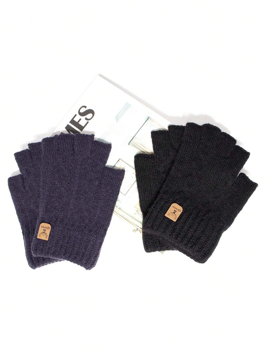 1双纯色涤纶（聚酯纤维）针织半指手套，男女通用鹿形办公室工作手套，秋冬