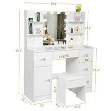 Bedroom Dressing Table Vanity Desk W/ LED Lights Mirror & Stool Makeup Desk Set - White - View 9