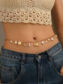 1 件夏季波西米亚海洋主题海星和海洋生物仿珍珠装饰腰链，时尚魅力身体首饰适合女性日常装扮、海滩派对、约会、音乐节
