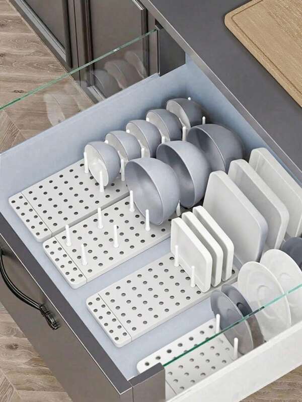 Organizador de cajón, compartimento antideslizante para cuencos, platos, lavaplatos portátil, estantería de combinación libre, gris/blanco, 1 pieza/2 piezas