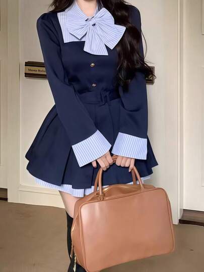 1pc Elegant Stylish Waist Cinched Contrast Color Bowknot Pleated Mini Dress, Suitable For Festivals, Parties, Performances, Girl Group Stage Outfits, Photo Studio Halloween