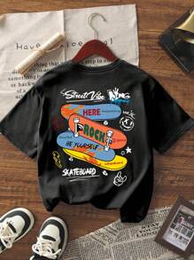 1pc Tween Boy Grey Skateboard Print Short Sleeve T-Shirt, Suitable For Young Students, Summer Top For Older Boys