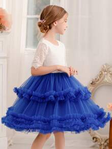 Girls'Contrast Lacek Tulle Puffy Princess Dress, Cake Skirt Suitable For Birthday Party, Flower Girl, Wedding, School Performance, Holiday Celebration - Royal Blue - View 6