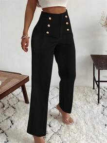 女士优雅高腰阔腿裤 - 黑色涤纶直筒裤，纽扣细节，适合休闲或正式穿着