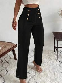 Women's Elegant High Waist Wide Leg Pants - Black Polyester Straight Leg Trousers With Button Detail, Suitable For Casual Or Formal Wear