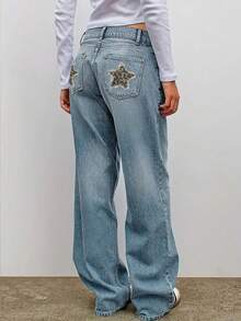 Y2K休闲日常穿搭水洗猫须后袋豹纹星形拼接直筒牛仔裤 - 藍色 - 查看 4