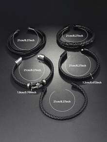 5 件/套新款男士时尚皮革手链，多层编织磁扣腕带组合适合日常佩戴，礼物