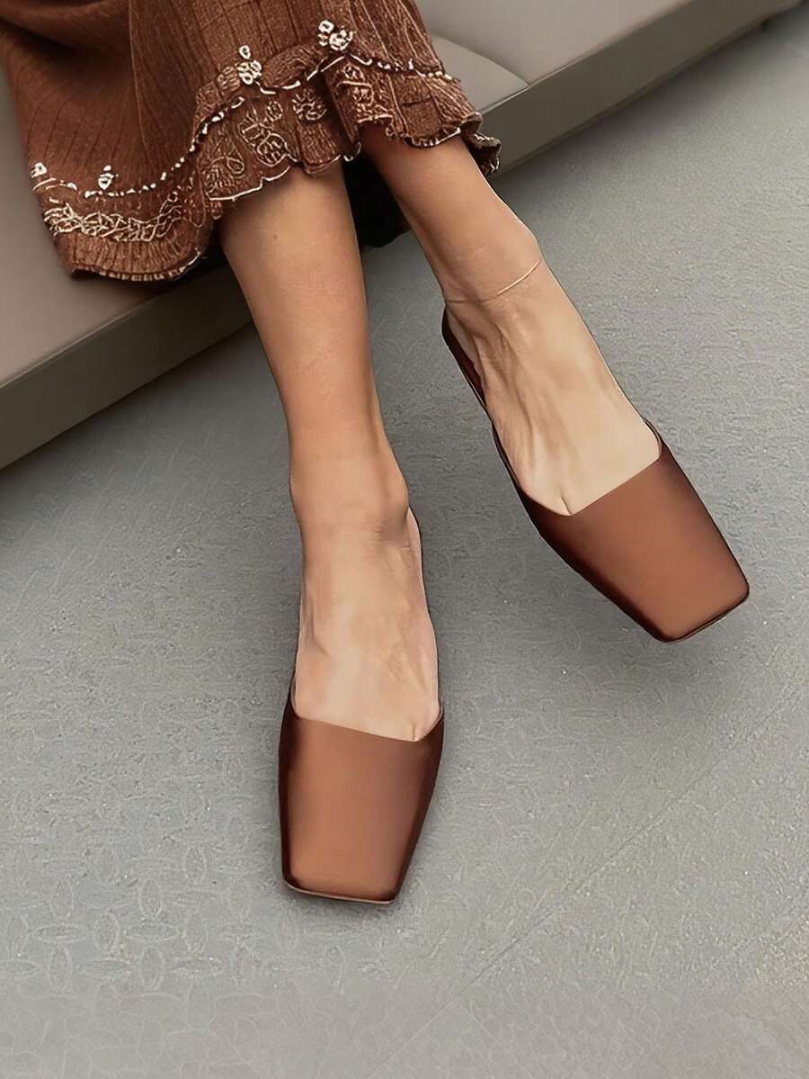 Women's Satin Slingback Mules Fashion Square Toe Thick Kitten Heel Slip On Slides Closed Toe Party Dress Pumps Woman - 棕色 - 查看 1