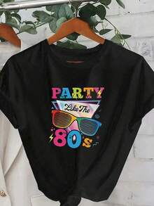 加大码女式80年代复古印花夏季圆领短袖T恤，情人节黑色 - 黑色 - 查看 7