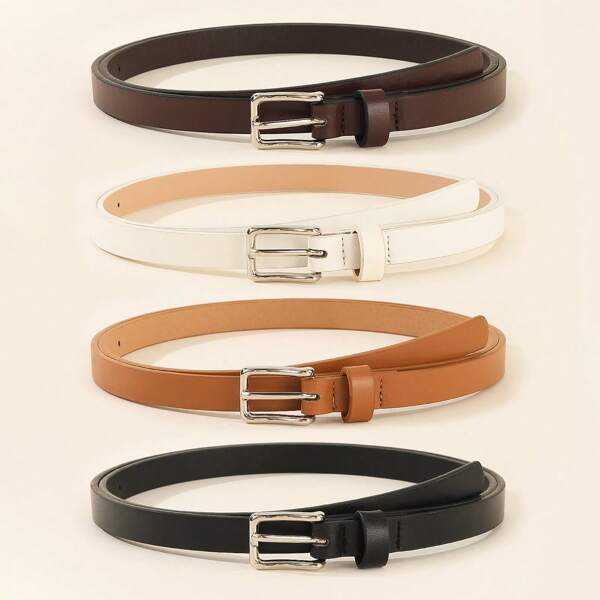4pcs Different Colored Buckle Belts Set, Women Solid Color Boho Faux Leather Casual Waist Belt, Versatile Fashion Accessory For All Seasons