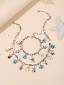 2pcs/Set Starfish & Sea Turtle Necklace And Bracelet Set