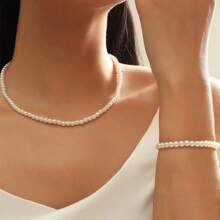 4pcs/Set Korean Ins Style Faux Pearl Earrings, Bracelet, Necklace Jewelry Set, Vintage Minimalist Clavicle Chain For Women