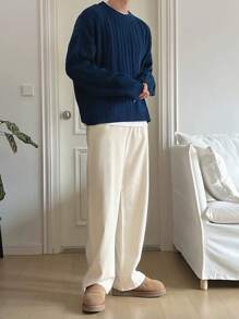 White Yue 男士时尚休闲加厚扭绳纽扣落肩圆领毛衣，适合通勤、秋冬新款、圣诞节、新年穿着，长袖上衣