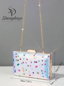 1 件时尚迷你白色晚礼服包，优雅精致的设计，带有亮片印花和刺绣女士手提包，矩形盒形设计晚礼服包，适合派对、婚礼和舞会场合。