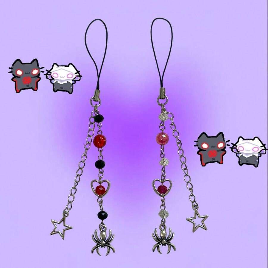 Black And Pink Halloween Spider Pendant Keychain For Cell Phones And Keys Couple - 兩個都 - 查看 1