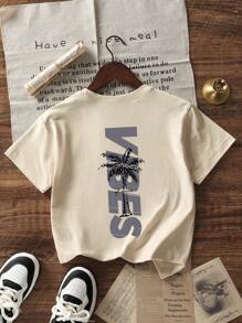 Tween Boy Casual Graphic Print Crew Neck Short Sleeve T-Shirt, Summer Top