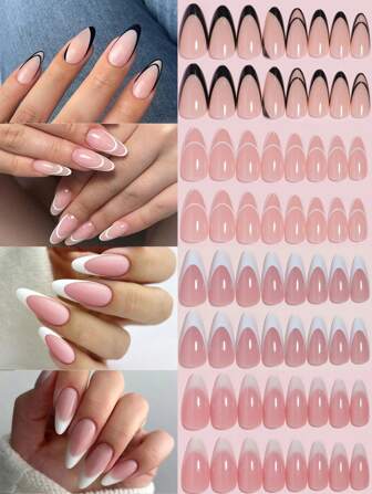 VV MEI JIA ER 4Pack (96st) Press On Nails Medium Heltäckande Mandel Fake Nails, Glansigt Stick On Nails Franska lösnaglar med dubbla franska mönster, naturliga akrylnaglar Konstgjorda naglar för kvinnor och flickor Naglar Set & 1 ark Tejp & 1 st Nagelfil Nageltillbehör