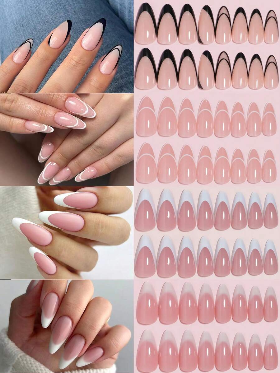 VV MEI JIA ER 4包 (96枚) 中號全覆蓋杏仁指甲，有光澤貼式法式假甲，配有雙色法式設計，自然亞克力人造指甲，女性和女孩指甲套裝，附贈1張膠帶和1個指甲文件，美甲用品 - 彩色 - 查看 1